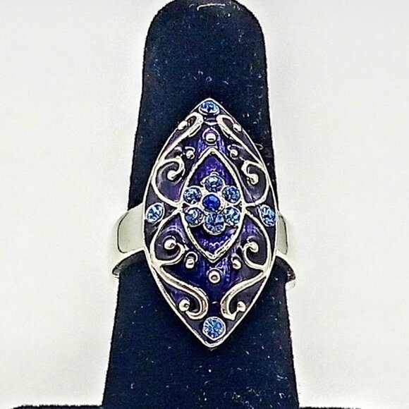 Blue Crystal & Enamel Silver Fashion Ring - Picture 3 of 5